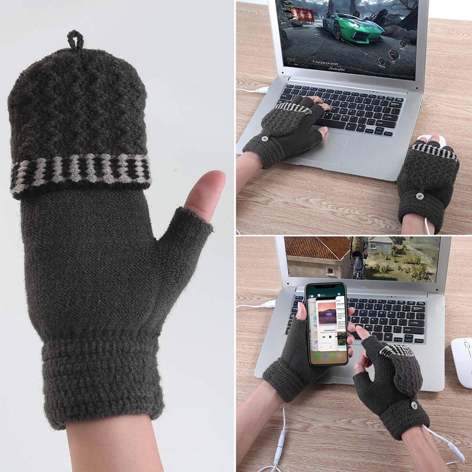 Livoty USB Heating Winter Gloves Women Hand Warm Gloves Heated Fingerless Warmer Mitten Blue 