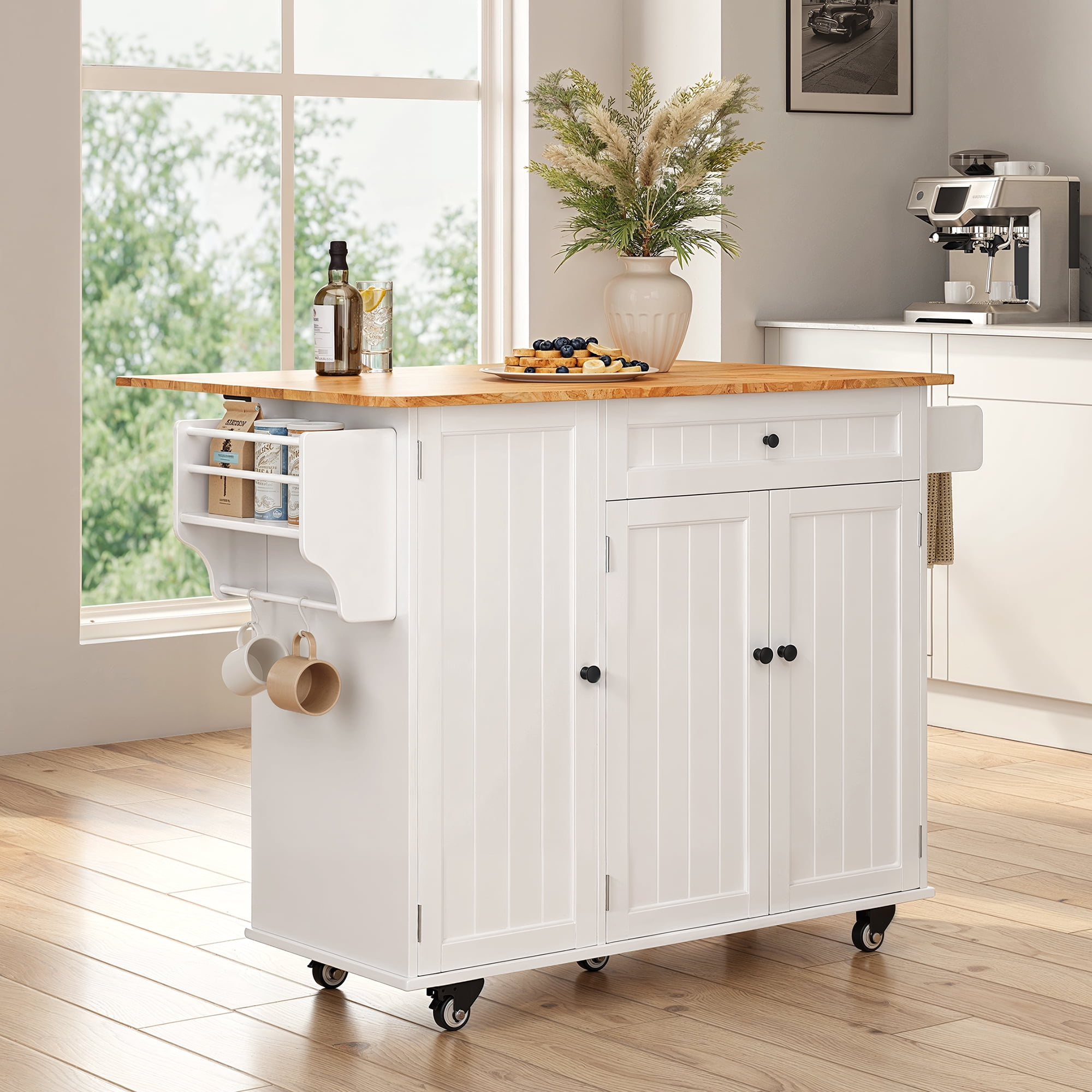 Kitchen Island with Storage - Lofka Rolling Kitchen Cart with Solid Wood Top,Drawers,Spice Rack & Towel Bar - Mobile Workstation for Small Kitchen,Dining Room ,White