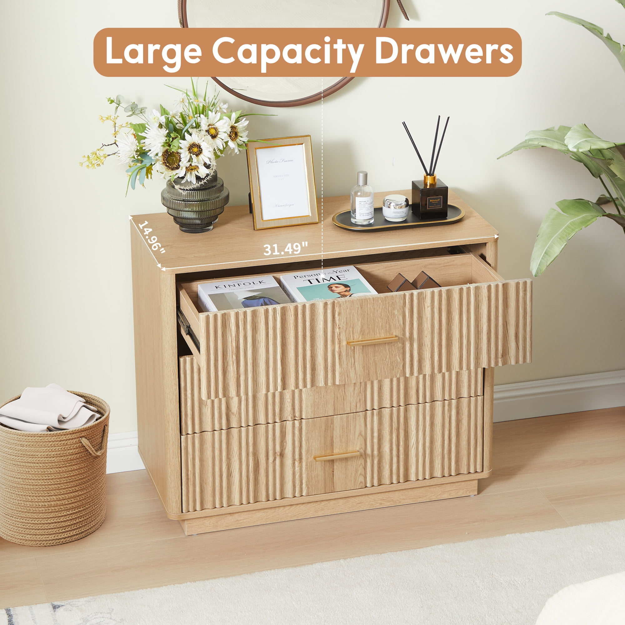 Weselon 3-Drawer Farmhouse Dresser with Waveform, Fully Assembled Nightstand Wooden Finish for Boho, Mid-century, Rustic Style,Oak