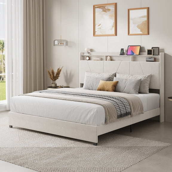 Sailvan King Size Bed Frame Upholstered Platform Queen Size Bed Frame with 52" Velvet Tall Headboard Wingback,No Box Spring Needed, Noise Free/Easy Assembly, Beige