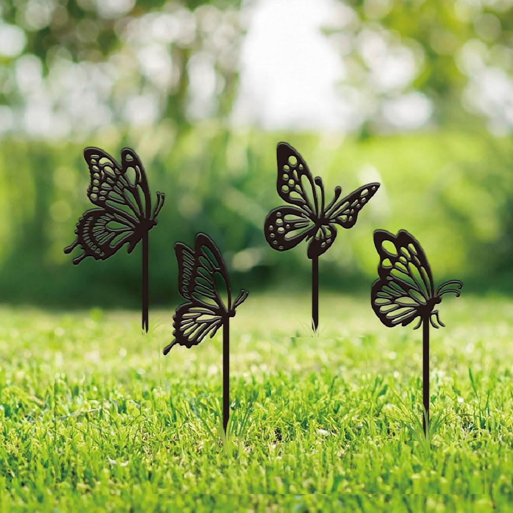 4PCS Butterfly Garden Decor Butterfly Metal Outdoor Plaque Ornament Black Silhouette Outdoor Decor Metal Courtyard Lawn Patio Yard Decorative Art Gifts Colorful