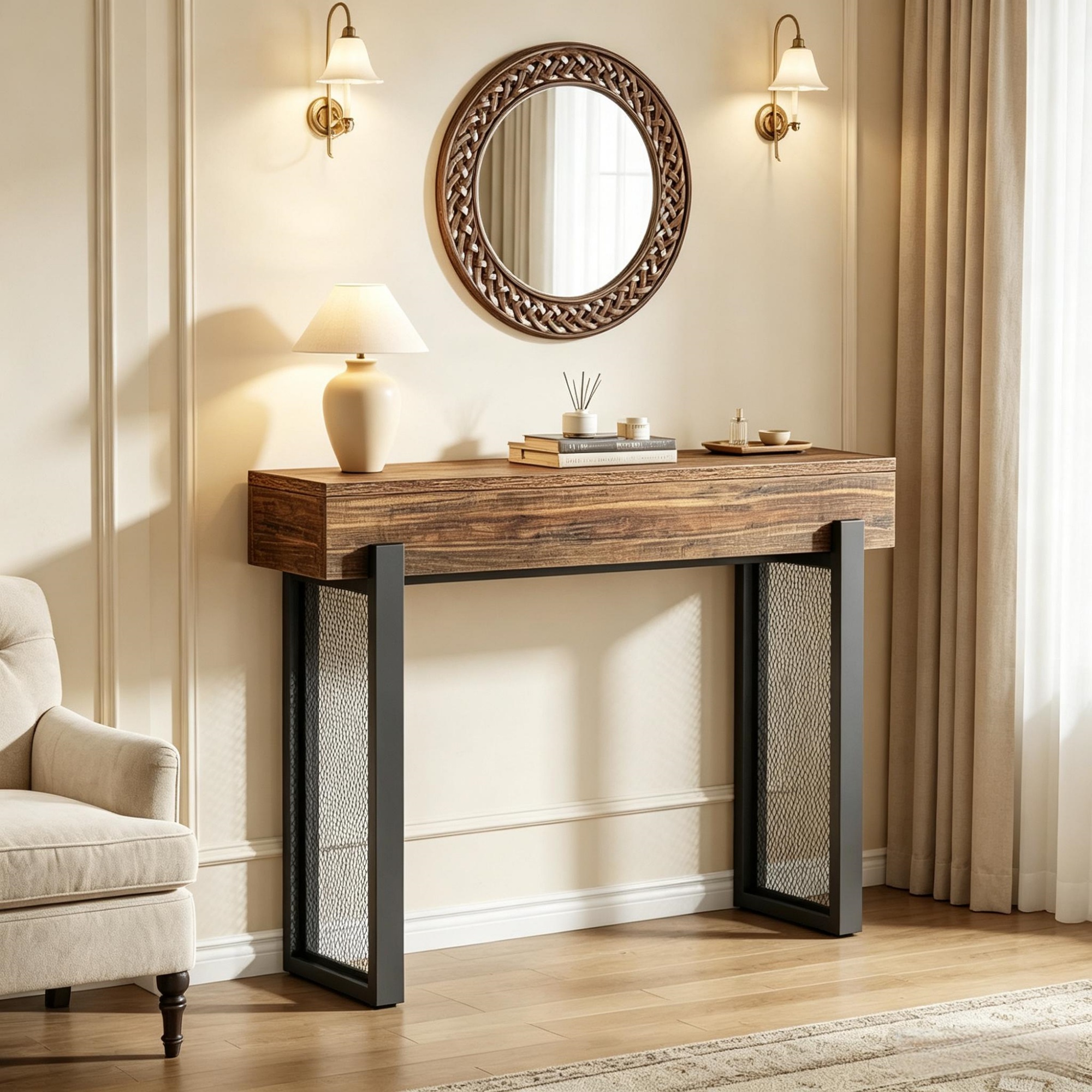46.06 in Console Table, MDF Sofa Entryway Table with Storage and Mesh Metal Legs for Living Room, Foyer, or Behind Couch