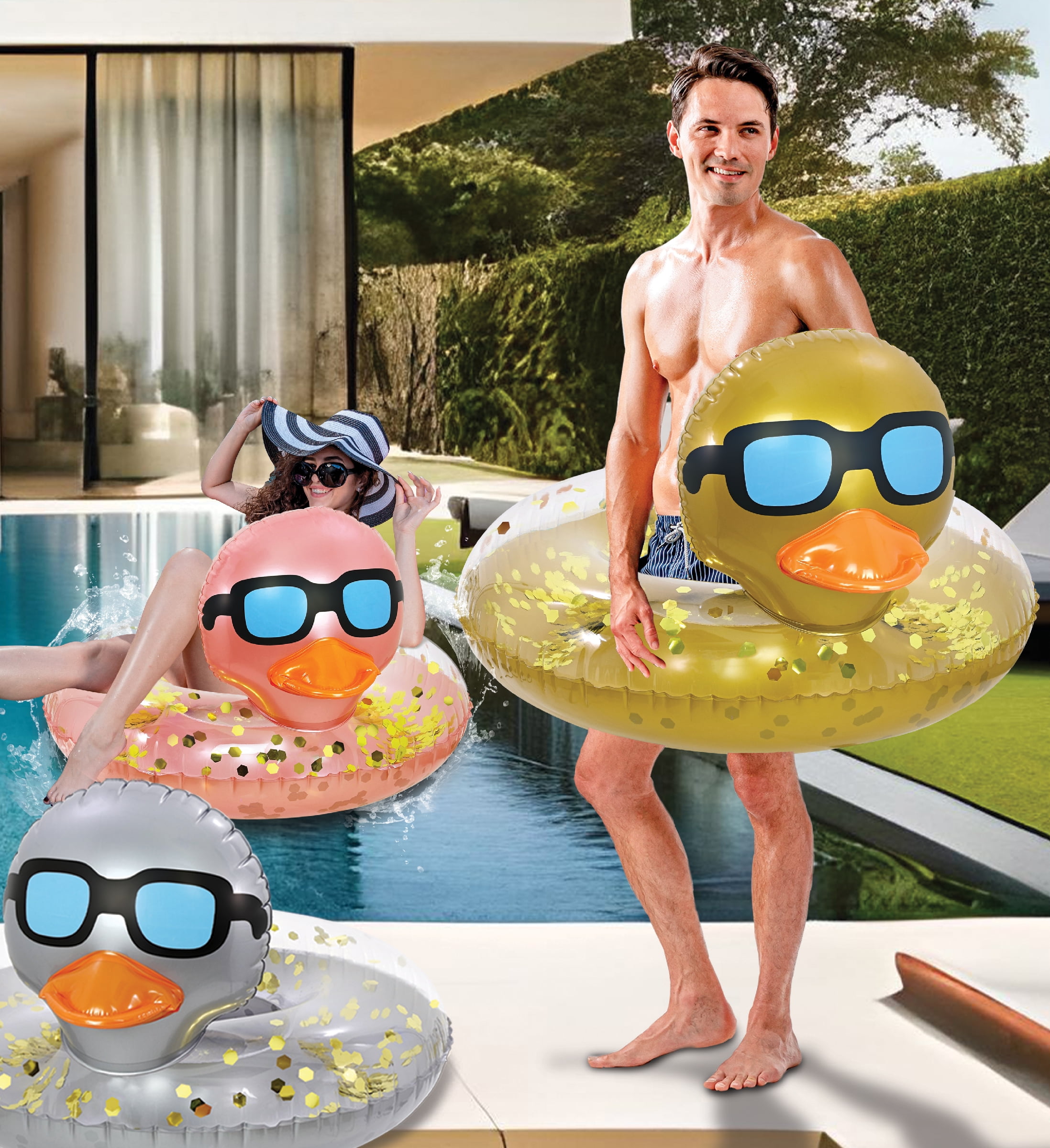 POZA Inflatable Duck Pool Float Tube- Heavy Duty Vinyl UV Resistant Confetti Pool Duck Floatie, Animal Float Swim Ring Inflatables for Kids and Adults for Beach, Party, Vacation - Gold