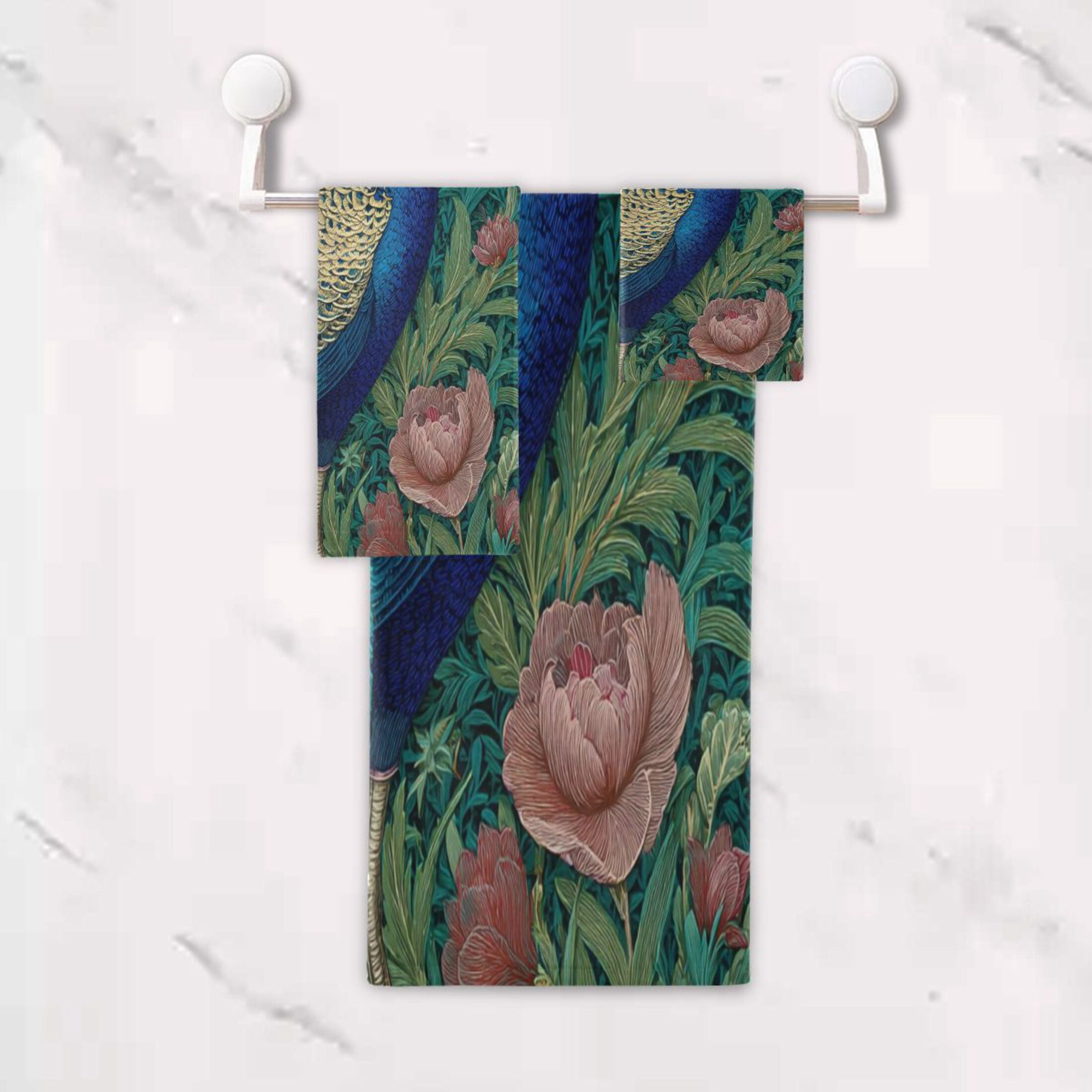 3 Piece Bath Towels Set Bath Towel, Hand Towel and Face Towel for Bathroom, Gym, Hotel Peacock Illustration