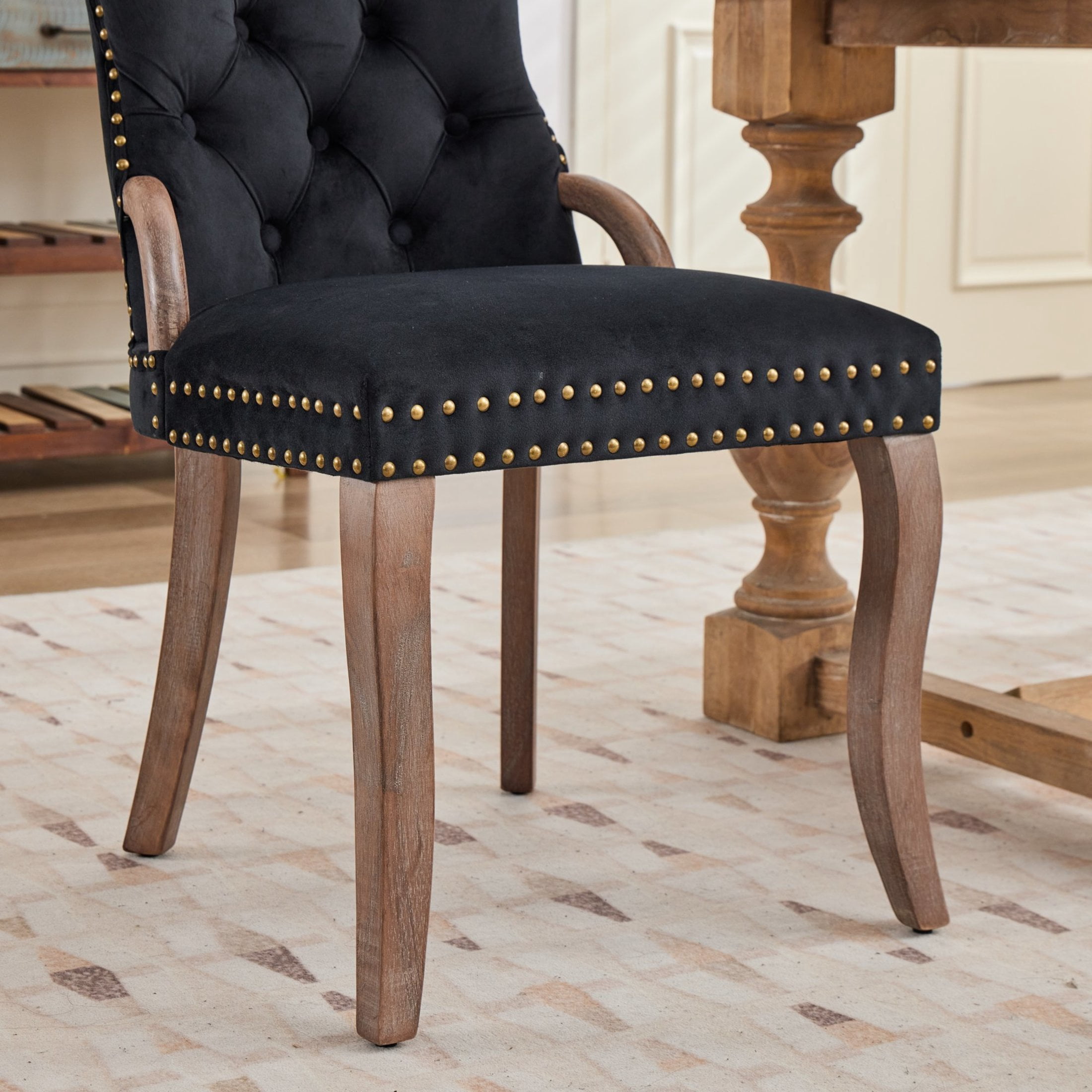 GDF Studio Set of 2 Dining Chairs with Tufted Velvet Upholstery, Copper Nailhead Trim, Black