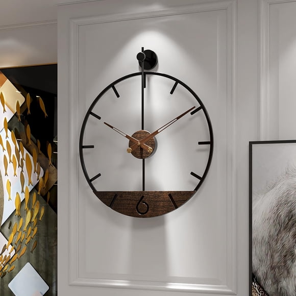 DAYDAYART Modern Wood Walnut Dial Wall Clock, Large Simple Wall Decor Metal Frame Silent Non Ticking Clock for Living Room Decor,