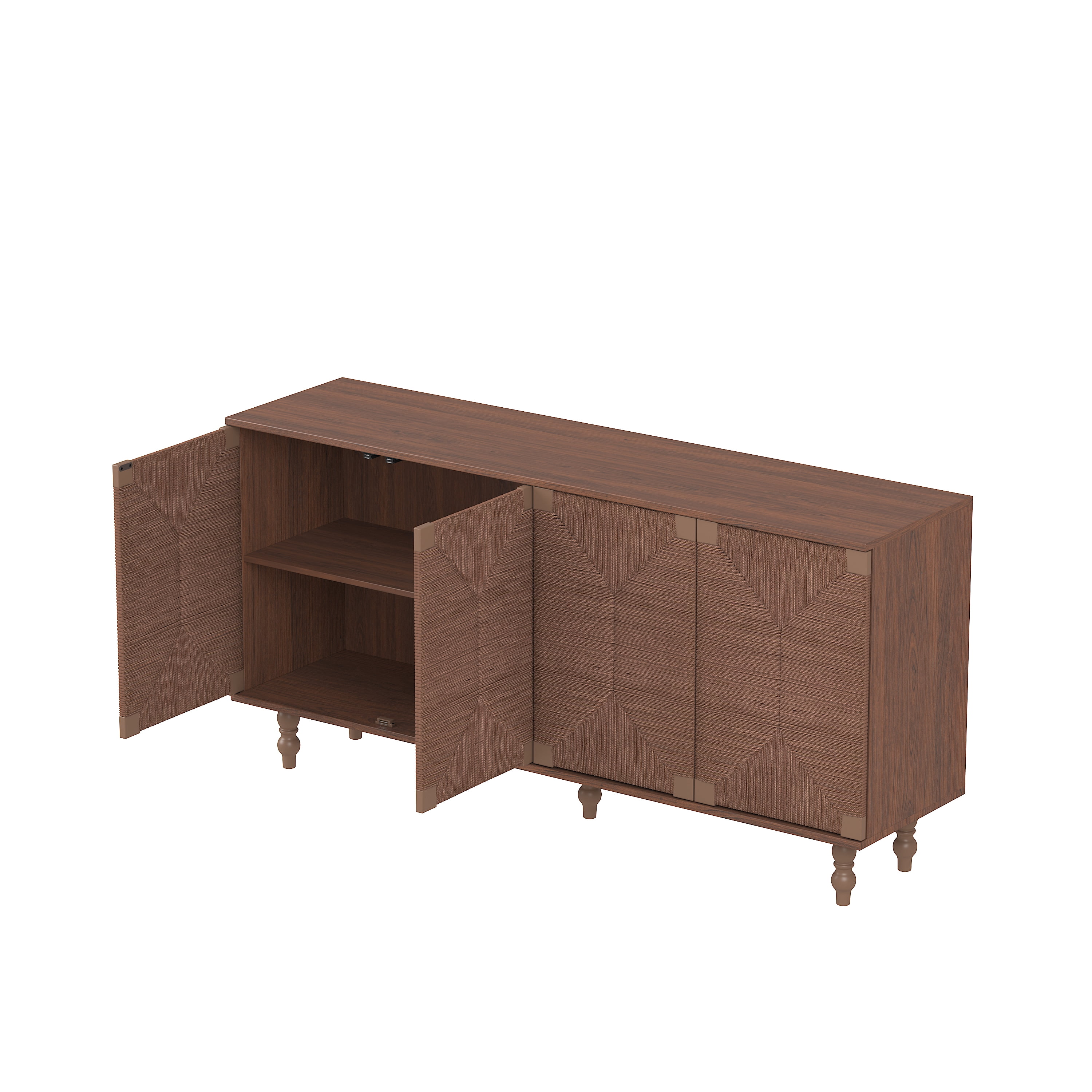 GARITIN Sideboard Buffet Cabinet, Accent Storage Wood TV Stand with Wire-Brushed Seagrass Doors, 4-Compartment Cabinet for Hallway Entryway Dining Room, Brown