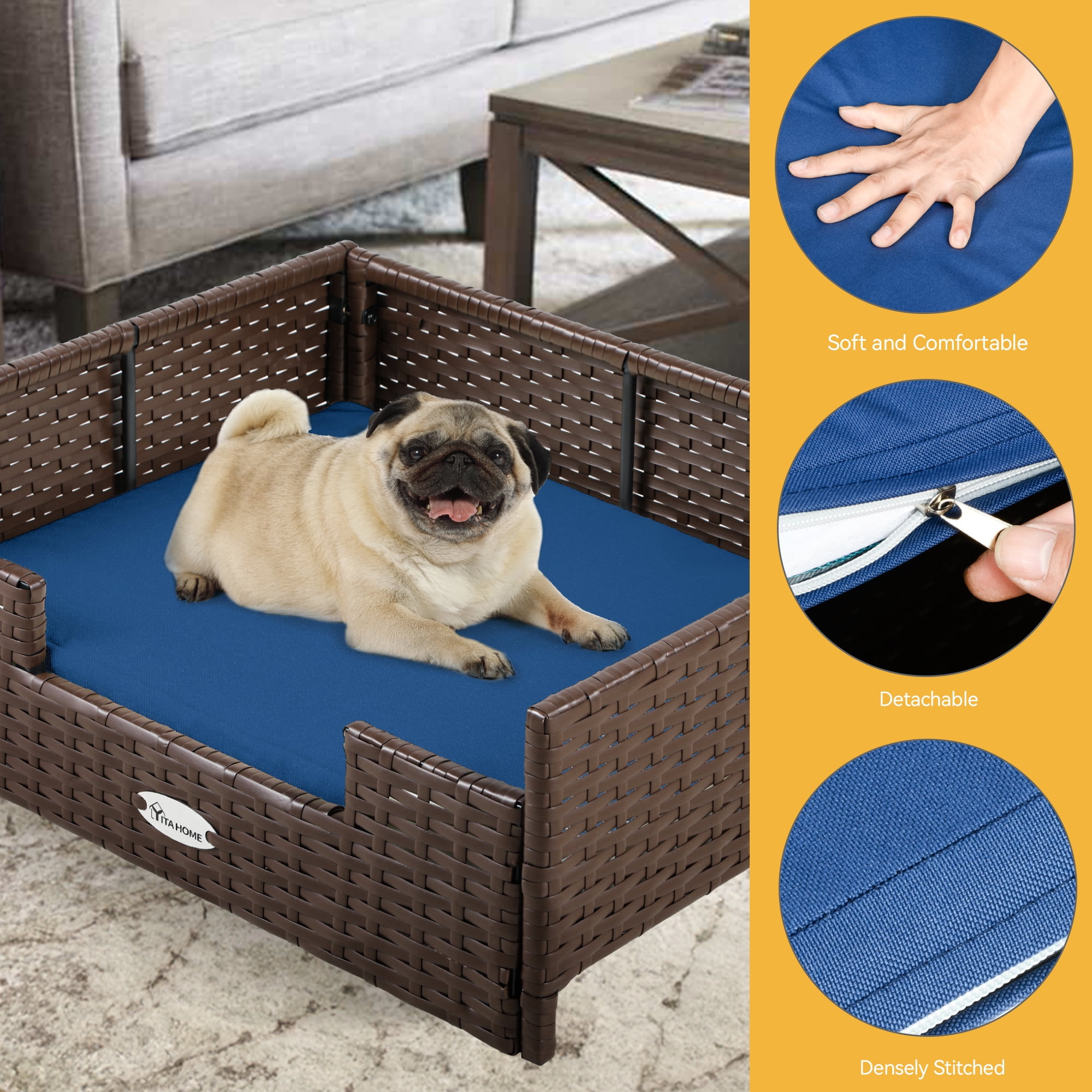 Dextrus Rattan Dog Bed with Blue Cushion, Indoor Outdoor Pet Bed for Small Medium Dogs and Cats,24.8''L*19.7''W*9.8''H,Brown
