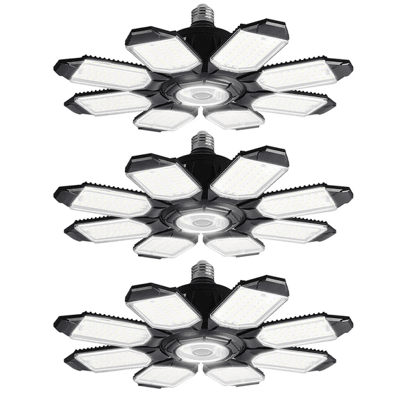LED Garage Light 200W 20000LM, 8-Leaf Deformable LED Ceiling Light with E26/E27 Base, Adjustable Panels, Ultra Bright Shop Light for Garage, Basement, Workshop, Attic, Barn, Indoor Outdoor (3 Pack)