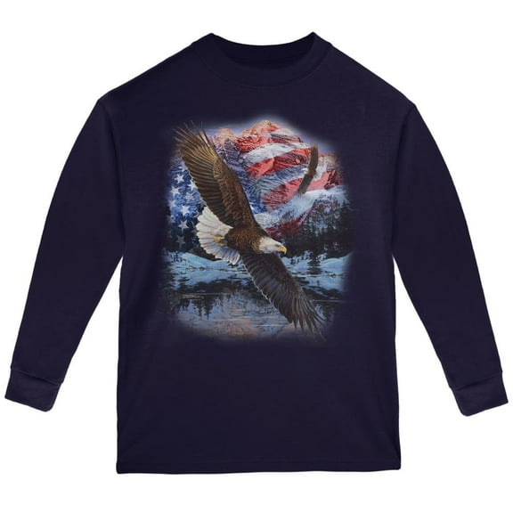 4th Of July American Flag Bald Eagle Youth Long Sleeve T Shirt Navy YMD