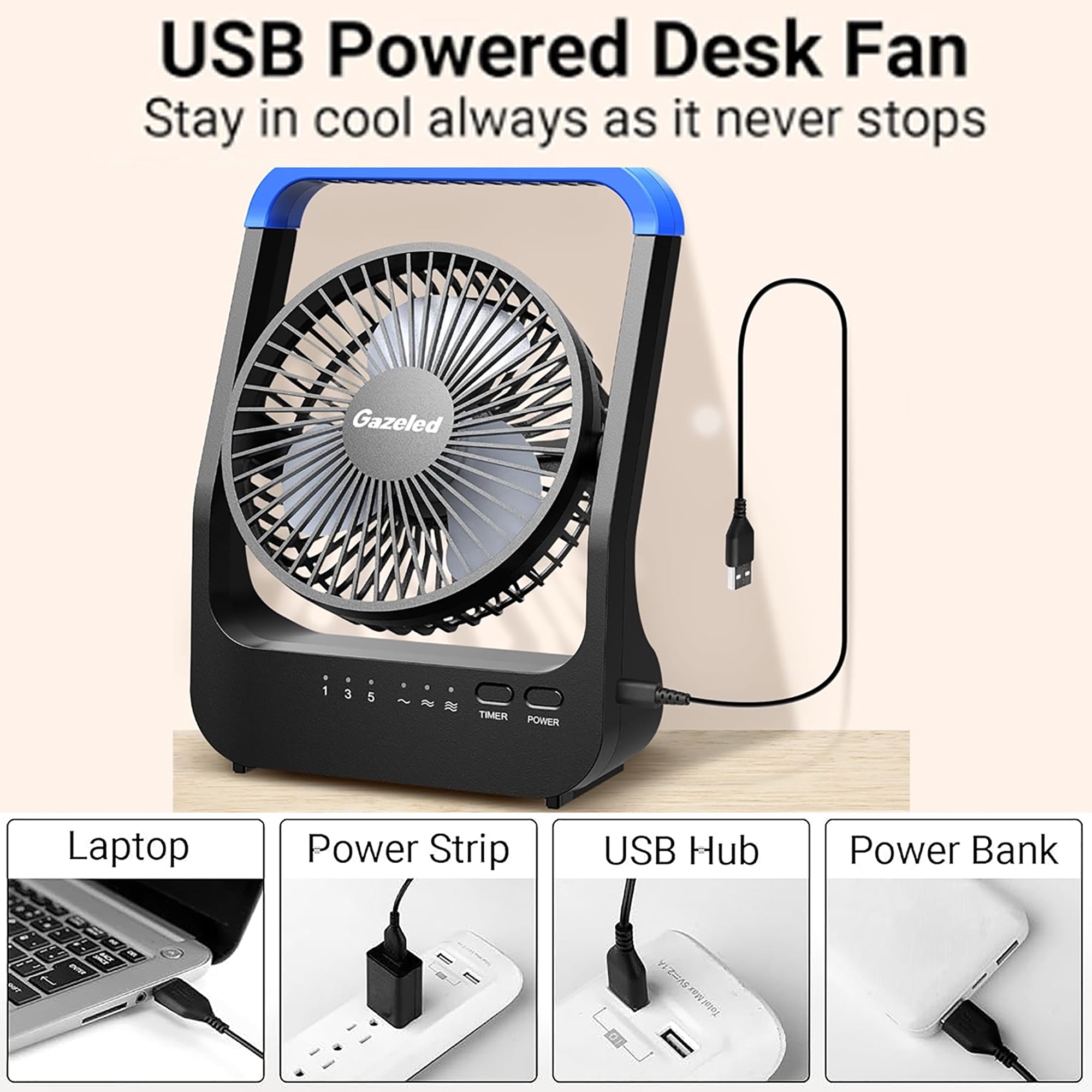 (2 pack) Gazeled Battery Operated Fan,Camping Fan, Super Long Lasting, Portable D-Cell Battery Powered Desk Fan with Timer,3 Speeds, Quiet, 180° Rotation,Cooling Fan for Bedroom,Home,Office,Outdoor, 5'',Blue
