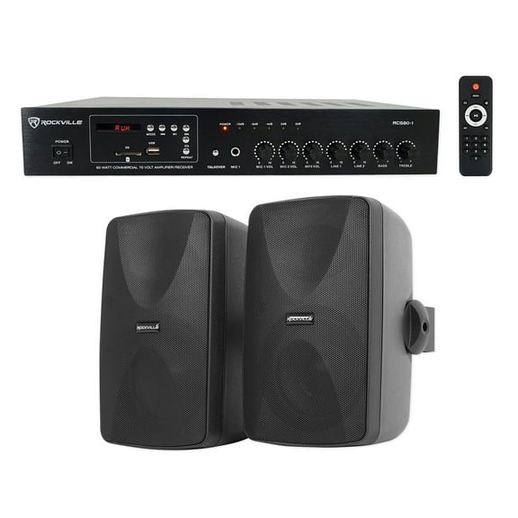 Rockville 60w 70v Commercial/Restaurant Amplifier (2) Black 5.25" Wall Speakers