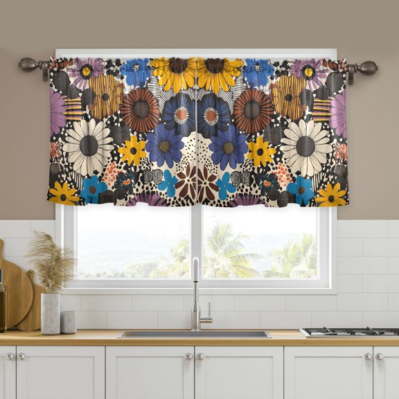 Yayeee Kitchen Curtains Tier Set of 2 Light Filtering 57"x24" Over Sink Window Panels, Beige Flowers