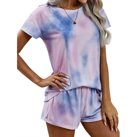 

HUBERY Women Crew Neck Short Sleeve Tie-Dyed Printed Waistband Sleepwear Set