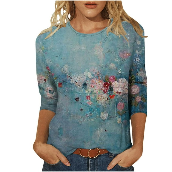 IROINNID Discount Plus Size Shirts for Women Crew Neck Long Sleeve Casual Printed Loose T-shirt Blouse Round Neck Tops,Dark Blue