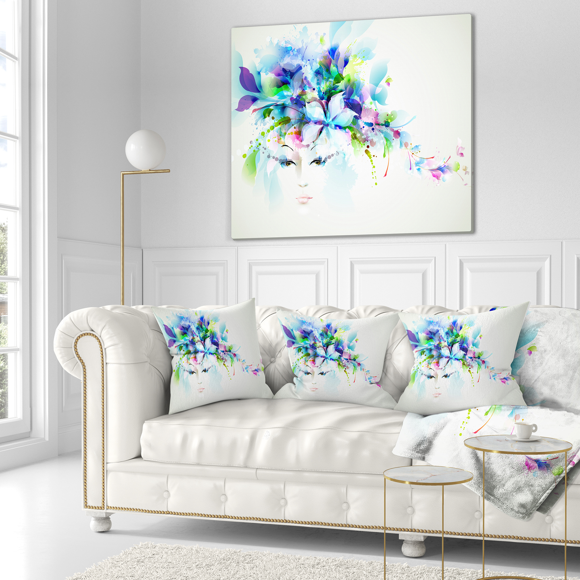 Designart Woman with Blue Flowers - Floral Throw Pillow - 18x18