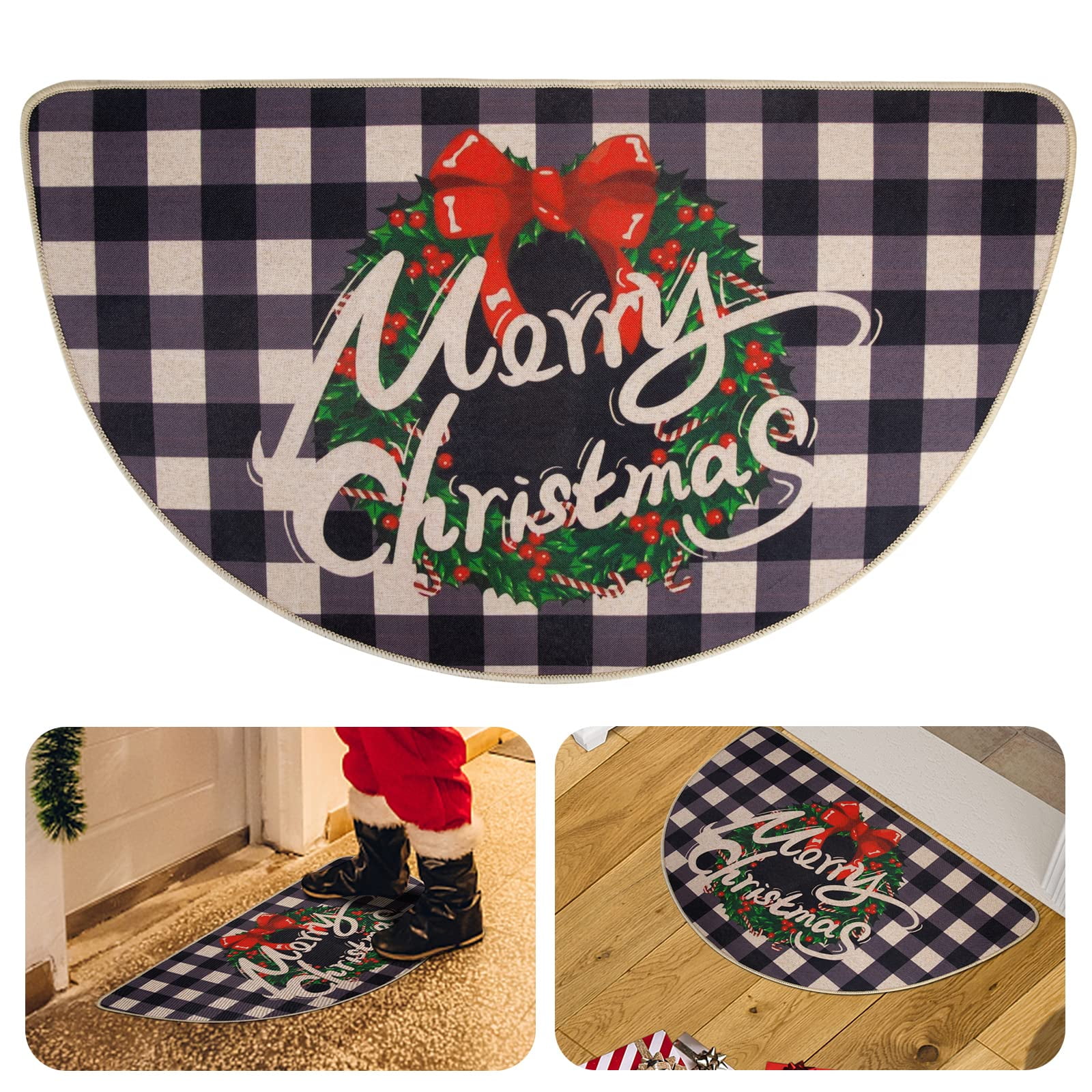 Christmas Half Circle Door Mat ,Buffalo Plaid Pine Wreath Merry Christmas Decorative Rug for