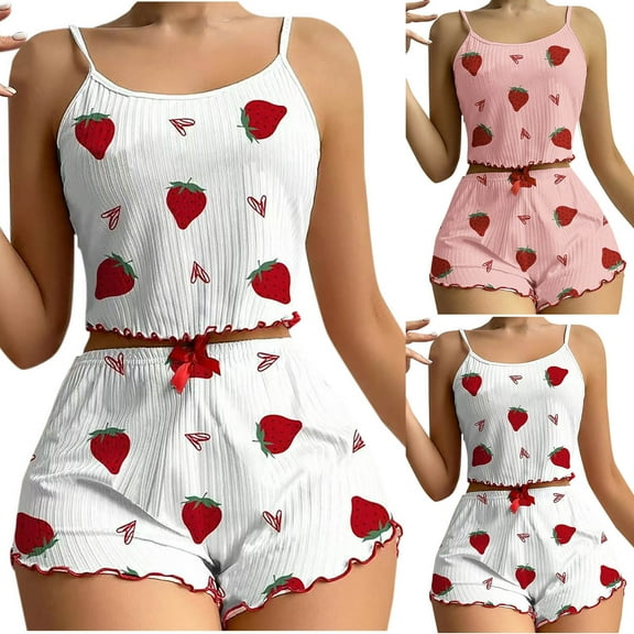 Asxite Pajamas for Women Set Solid Sleeveless Bow Heart Print Ribbed Camisole Loungewear 2 Piece