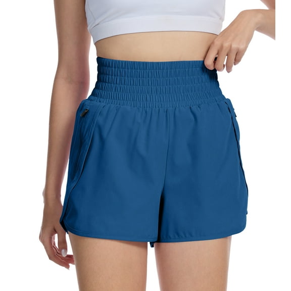 Satankud Women's High Waisted Running Shorts Mesh Liner Quick Dry Athletic Gym Track Workout Shorts Zip Pocket Blue Size M