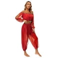 thumbnail image 4 of TiaoBug Womens Belly Dance Costume Long Sleeve Off Shoulder Crop Top+Sequined Dots Chiffon Pants Set Red One Size, 4 of 7