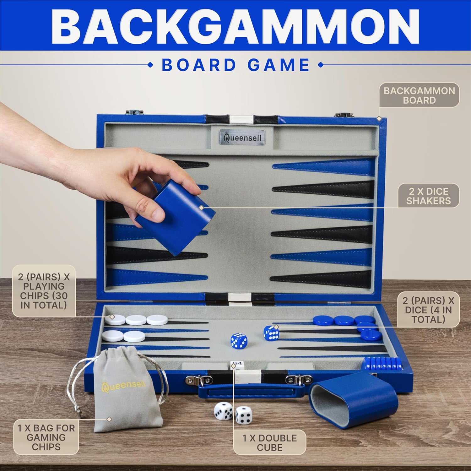 Queensell Backgammon Board Game Set – 15 inch Blue PU Leather for Adults