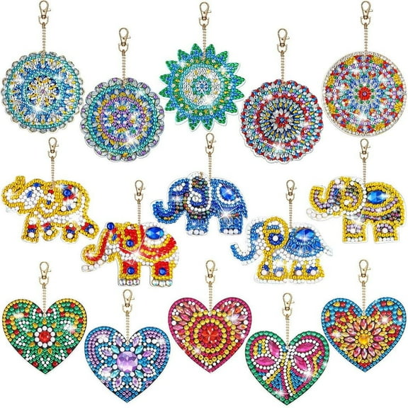 15PCS Diamond Art Keychains, DIY Handmade Double Sided Diamond Art Kits, Elephant Heart Mandala Mosaic Painting for Keychains Phone Straps Bag Decoration with Painting Tools