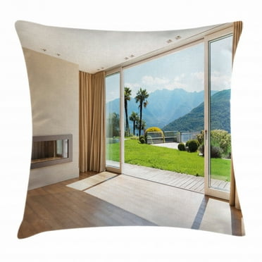 Modern Decor Throw Pillow Cushion Cover, Room with Scenic View House Mountains Palm Trees Greenery Garden, Decorative Square Accent Pillow Case, 18 X 18 Inches, Light Brown Green White, by Ambesonne