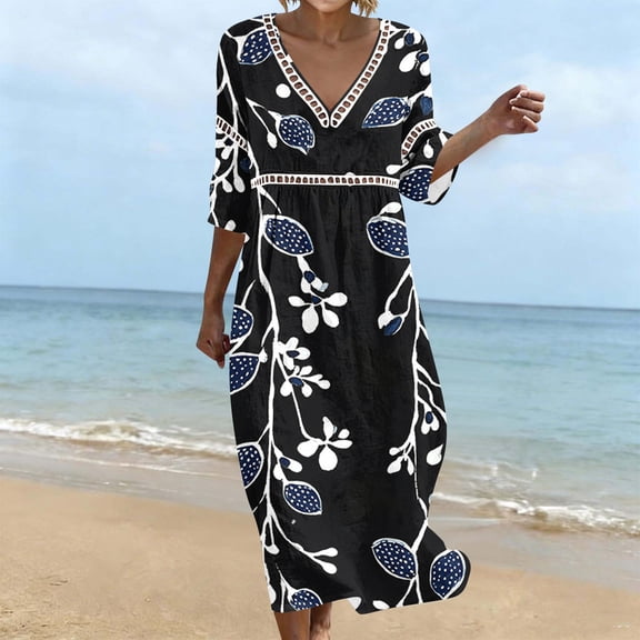 Ayolanni Fall Dresses Floral V-Neck 3/4 Sleeve A-Line Maxi Dress Elegant Cotton Holiday Flowy Long Dress Black L