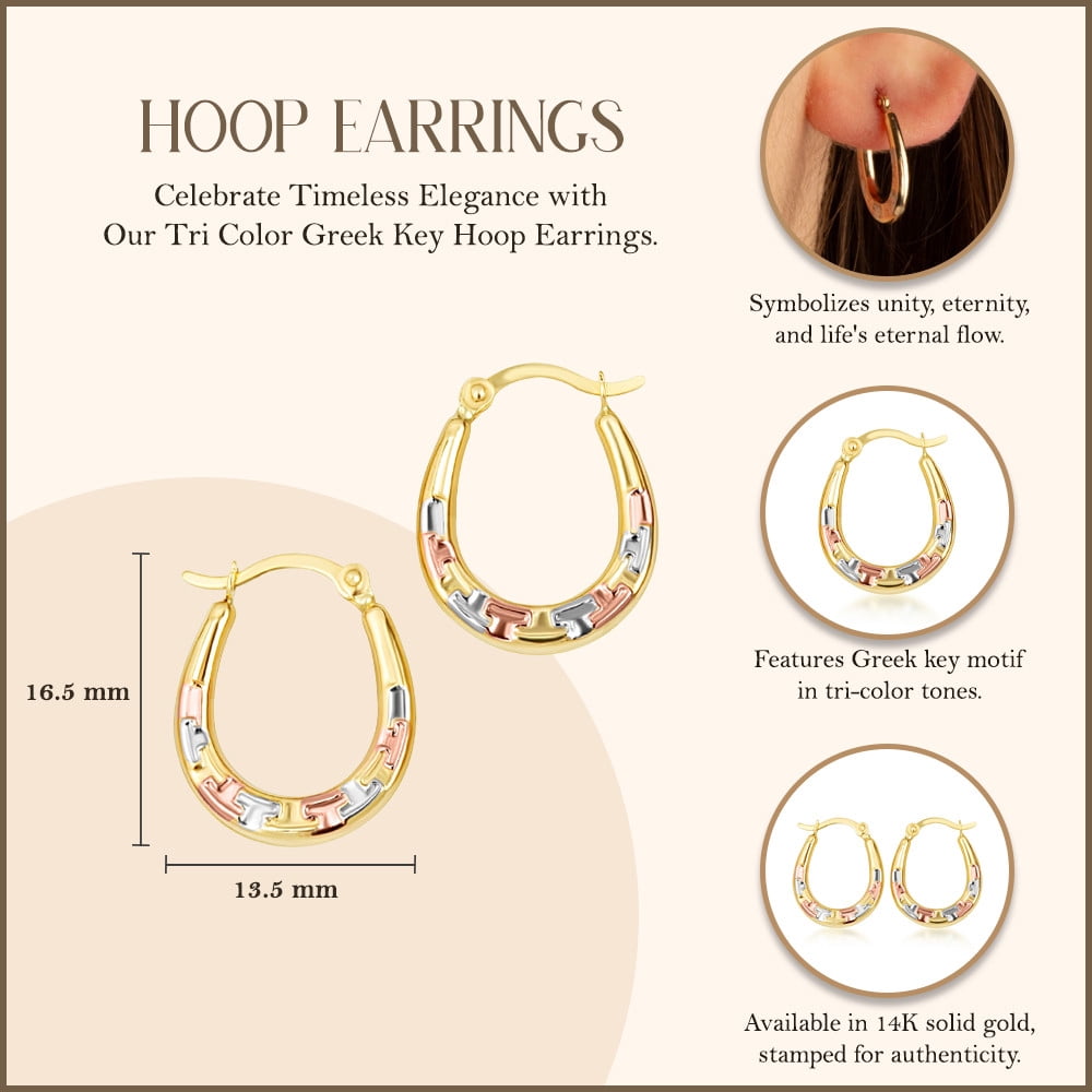 14K Tri Color Gold Greek Key Hoop Earrings