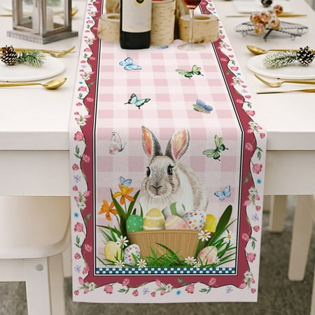 

Linen Table Runner Dresser Scarves Cartoon Farm Truck with Bunny and Colorful Eggs Table Runners for Family Dinner Holiday Party Kitchen Dining Decor Happy Spring Easter Day