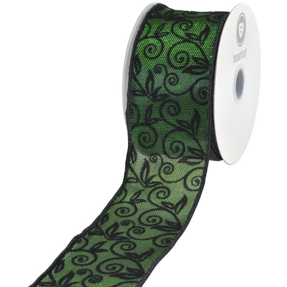 HOMEFORD Flocked Swirls Metallic Honeycomb Wired Ribbon, 2-1/2-inch, 10-yard, Moss