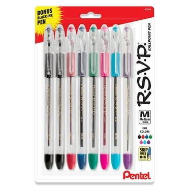 Pentel RSVP Original Ballpoint, (1.0mm) Medium Line, Assorted Colors, Clear Barrel, 8 Pack with 1 Bonus Black