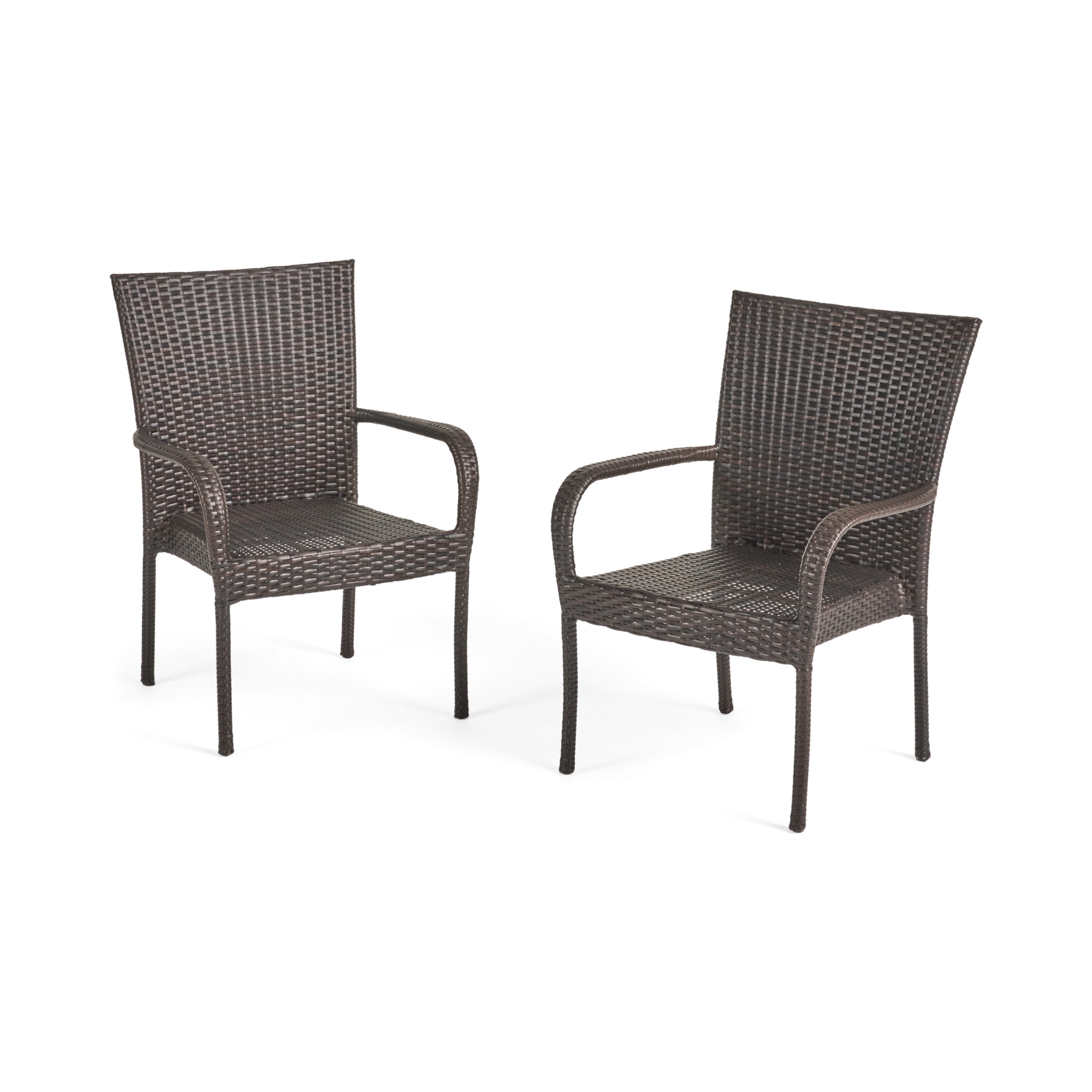 Christopher Knight Home PE Wicker Stackable Outdoor Dining Chairs, Iron Frame Patio Chairs, Brown, Set of 2