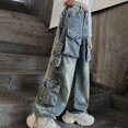 thumbnail image 6 of Girls Black Pants Ripped Jeans For Girls 10-12 Girls Streetwear Denim Cargo Pants High Waist Floor Length Baggy Wide Leg Jeans with Multi Pockets Blue 5-6 Years, 6 of 9
