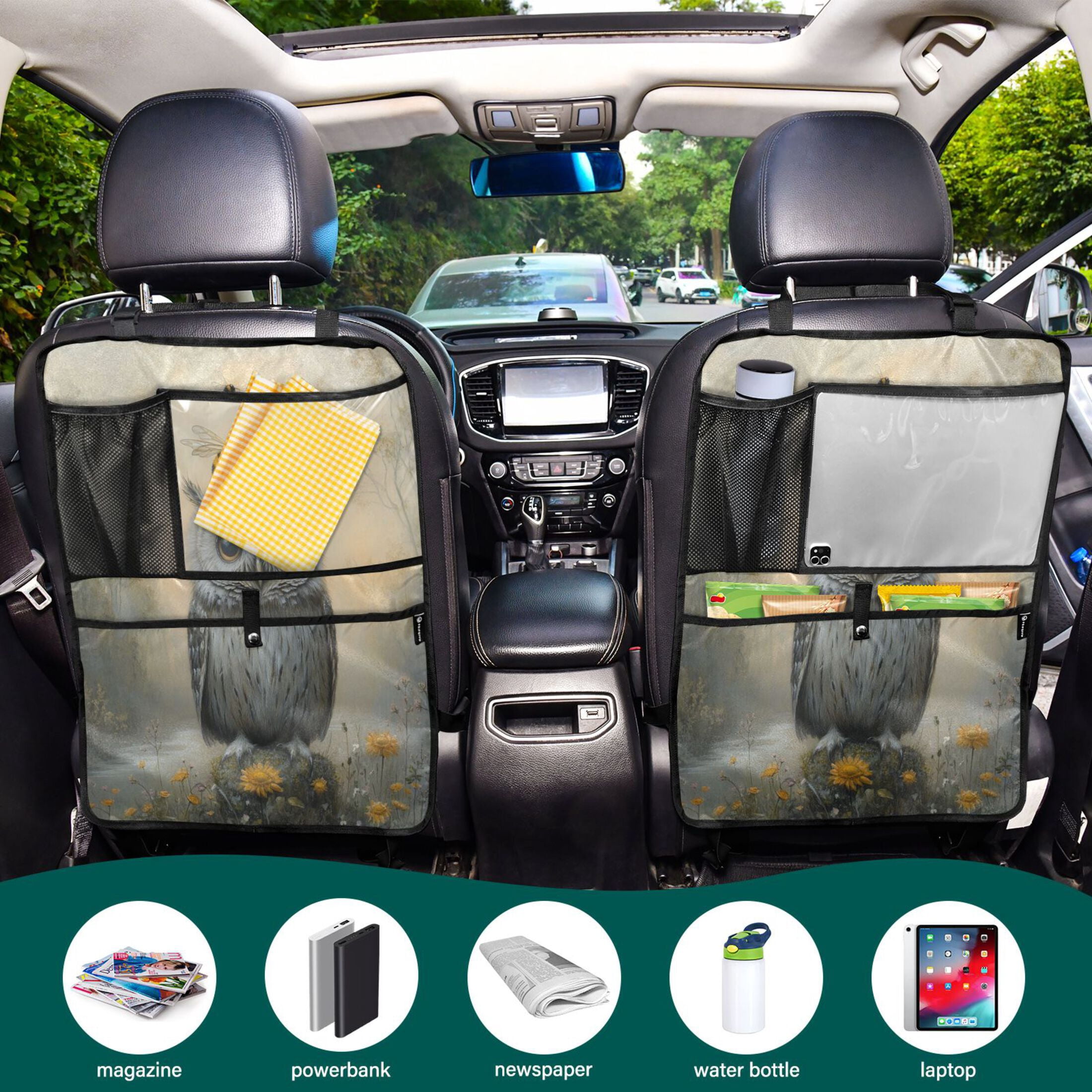 WOBOGO Owls and Bees Pattern Backseat Car Organizer 2 PCS Footed Universal Car with Touch Screen Tablet Holder Rear Seat Protector