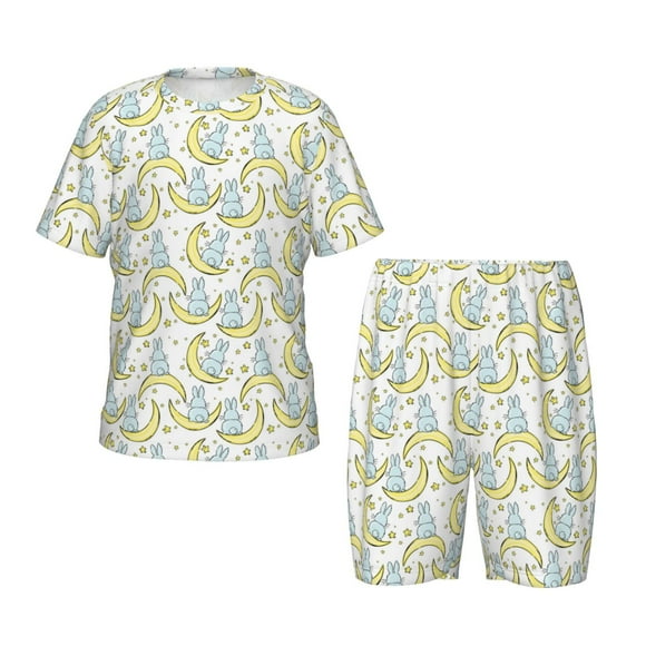 Balery Moon And Rabbit Conjunto de Pijama Infantil de Manga Corta con Estampado – Ropa de Dormir de Algodón Suave-X-Large