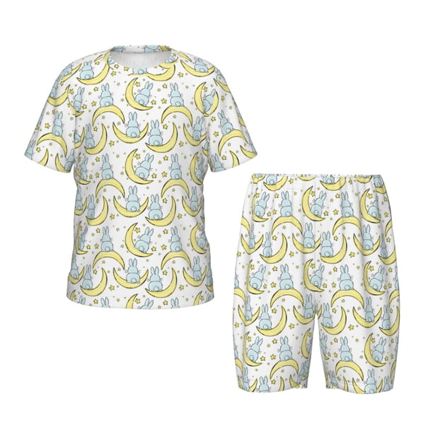 Balery Moon And Rabbit Conjunto de Pijama Infantil de Manga Corta con Estampado – Ropa de Dormir de Algodón Suave-4X-Large
