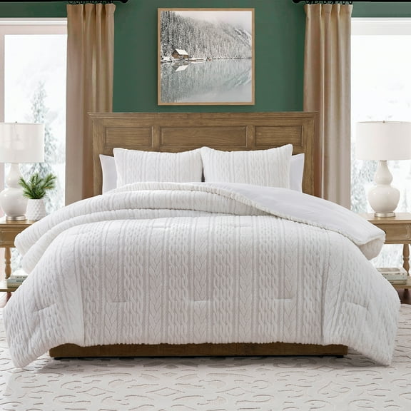 My Texas House Anabel Carved Fur 3-Piece White Faux Rabbit Fur Comforter Set, Full/Queen