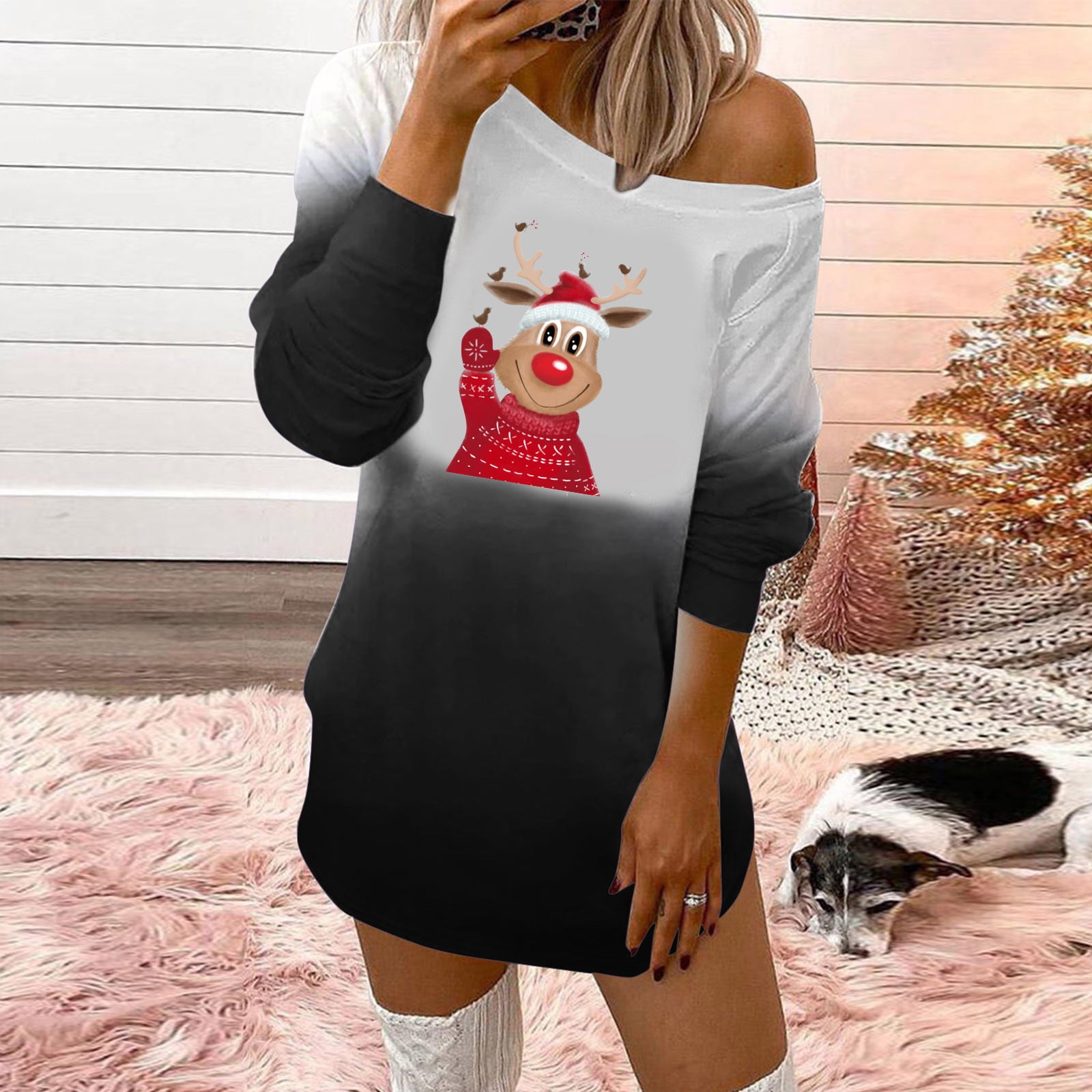 LEEy-world Womens Fall Dresses Christmas Merry Christmas Sweater Dress  Reindeer Snowflake Long Pullover Loose Oversize Xmas Sweatshirt Dress Black,L