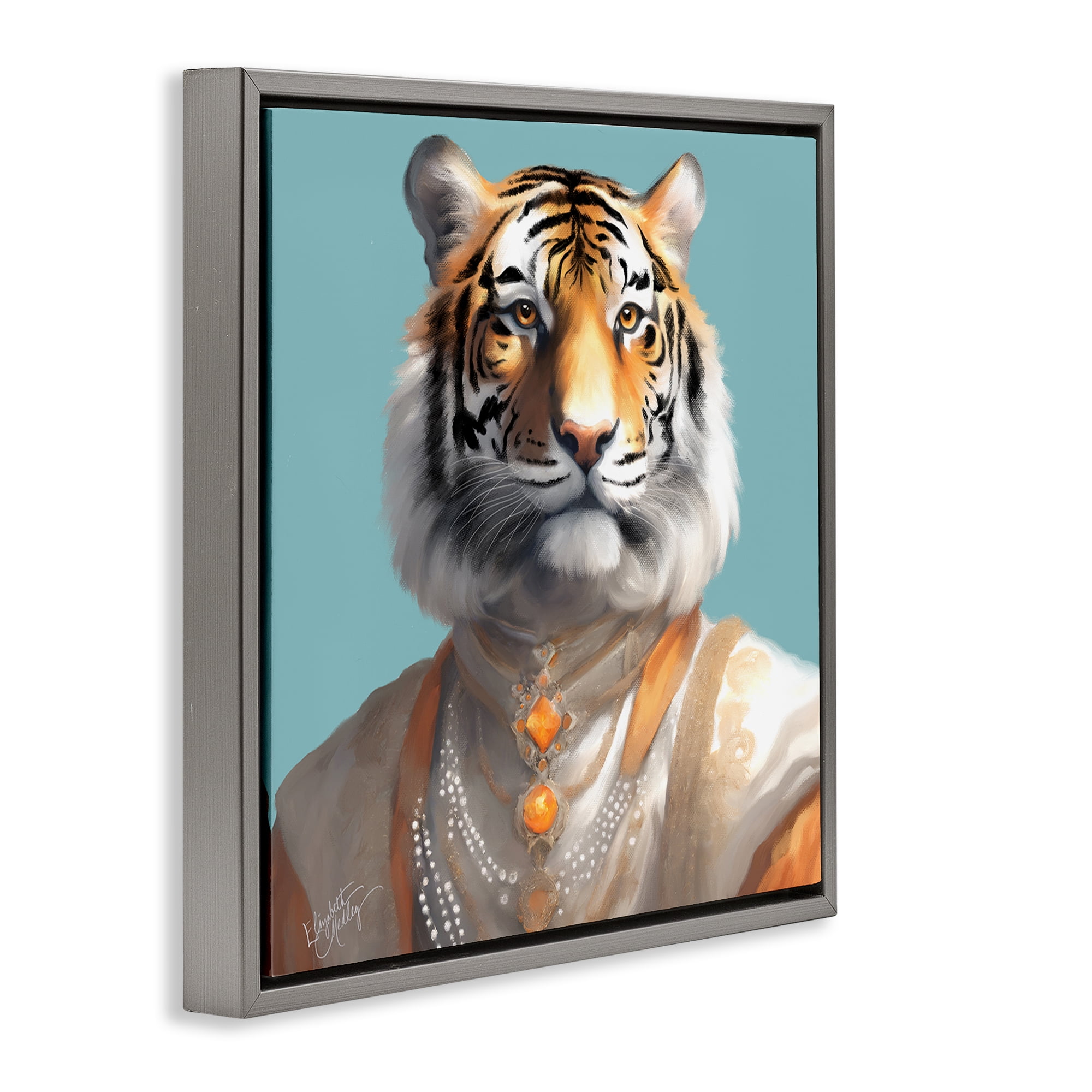 Stupell Industries Sir Prince Tiger Animals Painting Gray Floater Framed Canvas Art Print Wall Art, 25 x 25