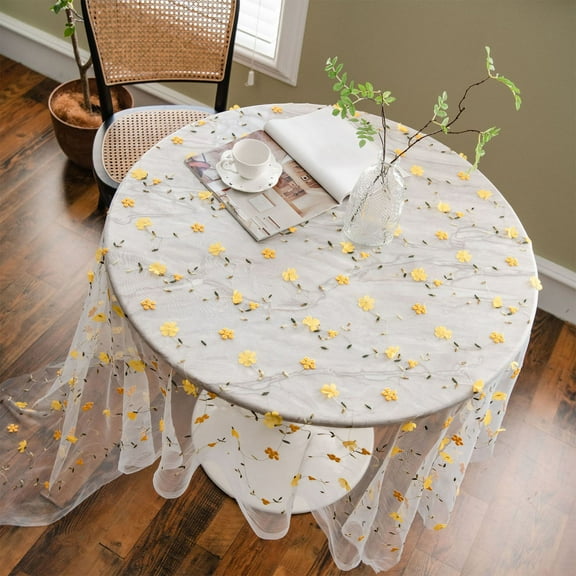 Fwttom Round Table Cloth, Sheer Lace Spring Tablecloth with Cute Printed, Round Tablecloth for Restaurants & Home Dining Wedding Party, Multicolor
