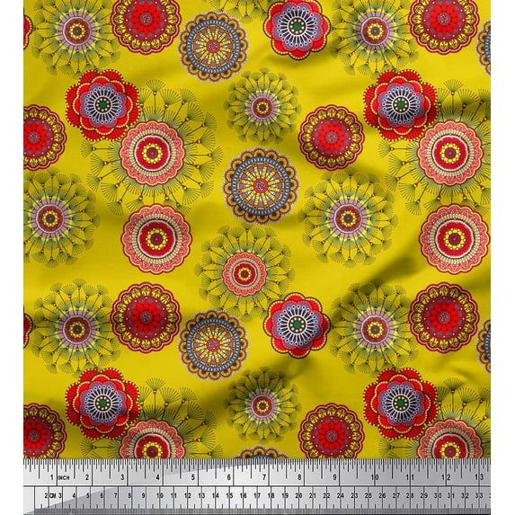 Soimoi Yellow Rayon Fabric Artistic Flower Mandala Print Fabric by the Yard 56 Inch Wide