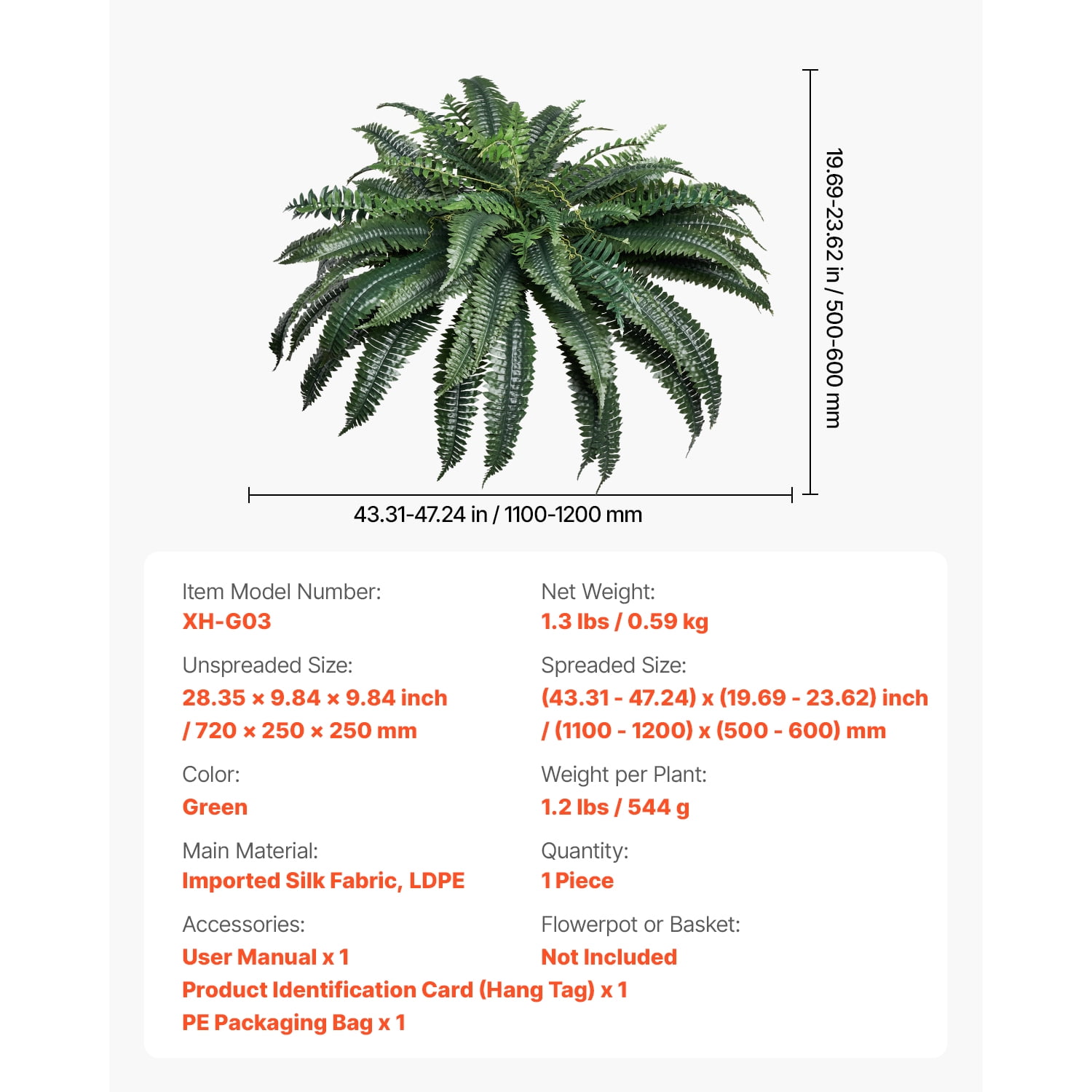 KFFKFF Artificial Ferns with 43-47 Inch Spread, Large Hanging Boston Ferns, Fake Plant Wall Decor with 88 Branches, Faux Fern for Home, Office, and Outdoor Use (Flowerpot Not Included)