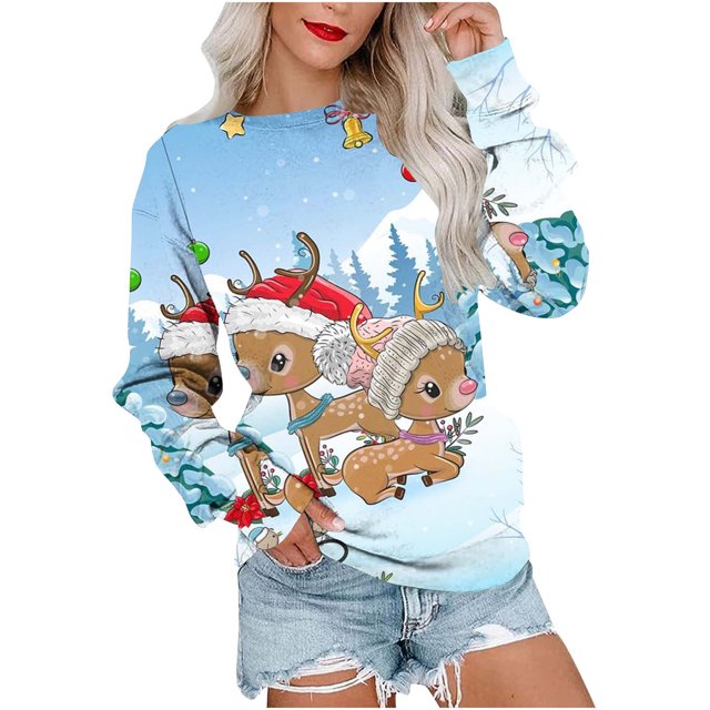 EGNMCR Chandails en Molleton à Capuche pour Femmes, Chandails en Molleton pour Femmes, Hauts Décontractés Mode pour Femmes Manches Longues Imprimé de Noël Col Rond Couverture Chandail Chandails en Molleton Women Blouse