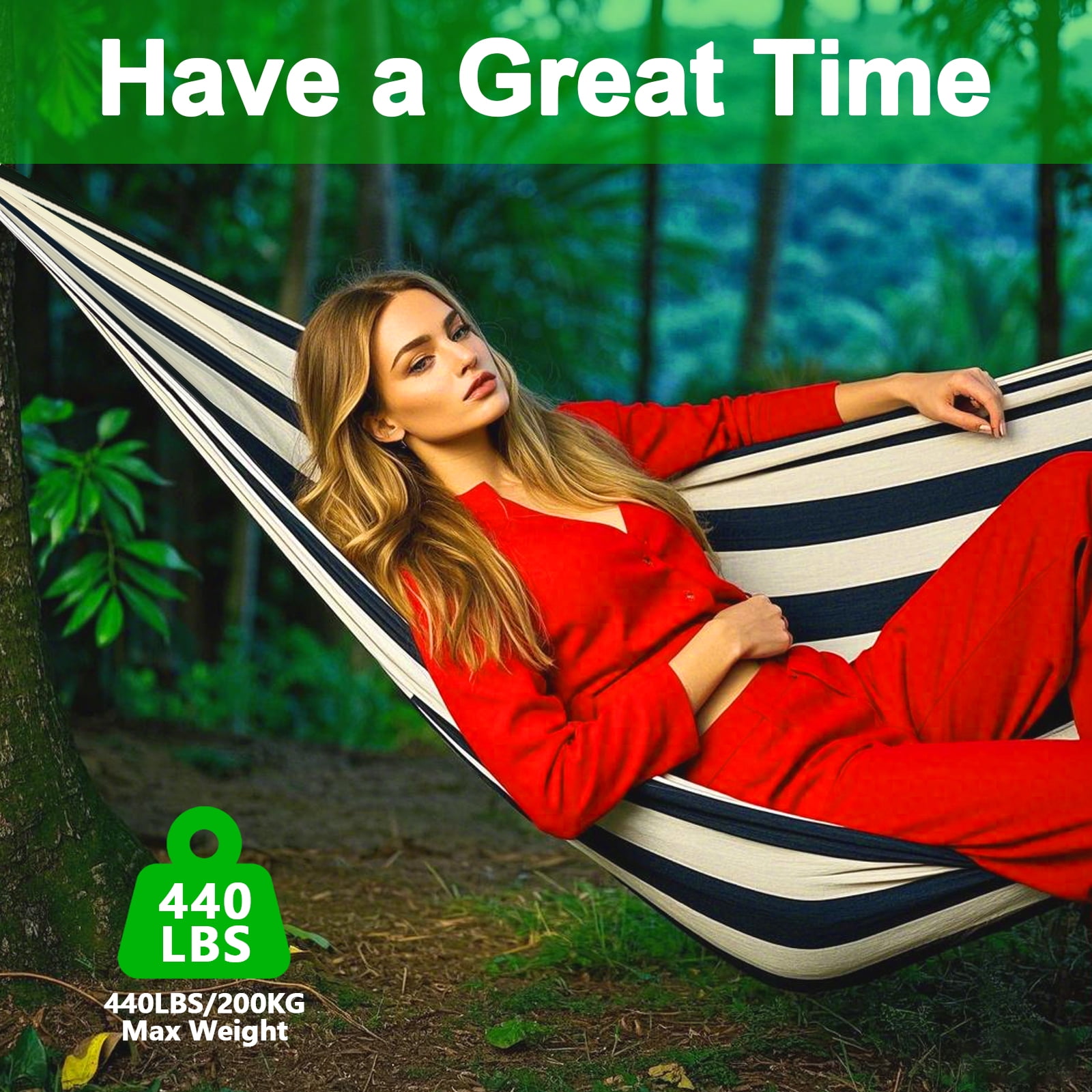 Double Hammock with Stand Sturdy 440lbs Capacity Hammock for Camping Outside Garden Outdoor Indoor Patio Backyard, Black White