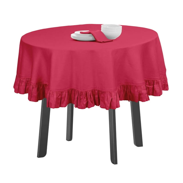 Vargottam Ruffle Tablecloth Kitchen Dining Tabletop Cover Decoration Cotton Solid Table Cover Round, Fushia Pink-64 Inches Diameter