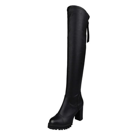 

Black Boots for Women Ladies Fashion Solid Color Leather Fleece Back Zipper Thick High Heel Stretch Over Knee Boots Ankle Boots for Women PU Black
