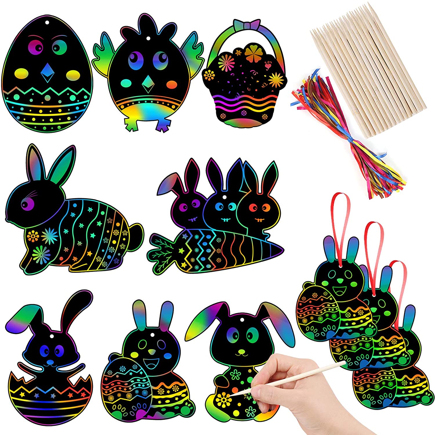 64 Pieces Easter Crafts Scratch Paper Ornaments Easter Design Rainbow