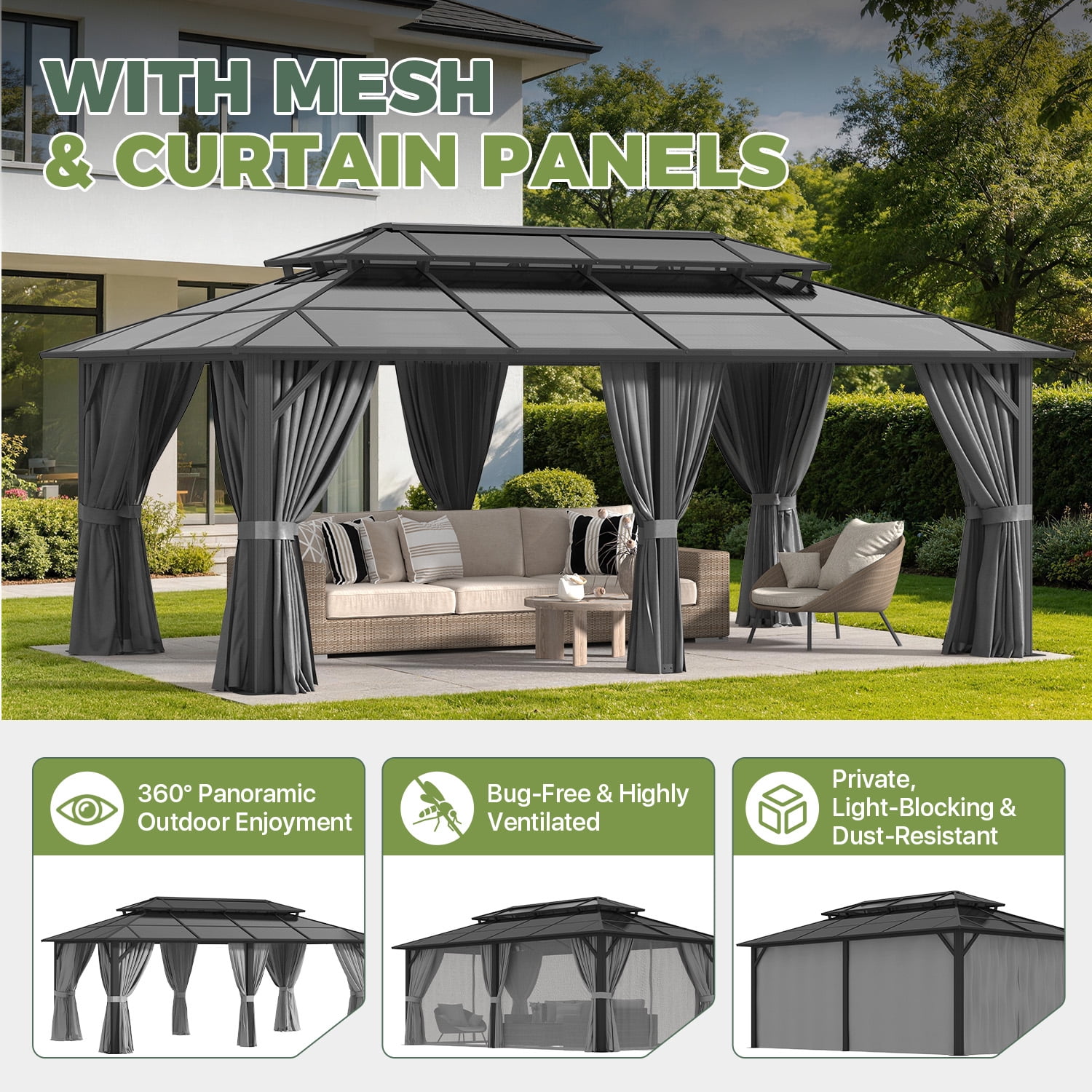 BaPiPro 20x12 FT Outdoor Gazebo, Double Roof Polycarbonate Hardtop, Iron Frame, Black & Gray, UV Protected, Weather Resistant, for Patio Backyard Deck Lawn