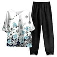 thumbnail image 1 of Mikilon Ensemble Élégant pour Femmes 2 Pcs Coton Lin Imprimé Manches Cinq-Quarts Col Rond + Pantalon Décontracté Blanc-B TG, 1 of 2